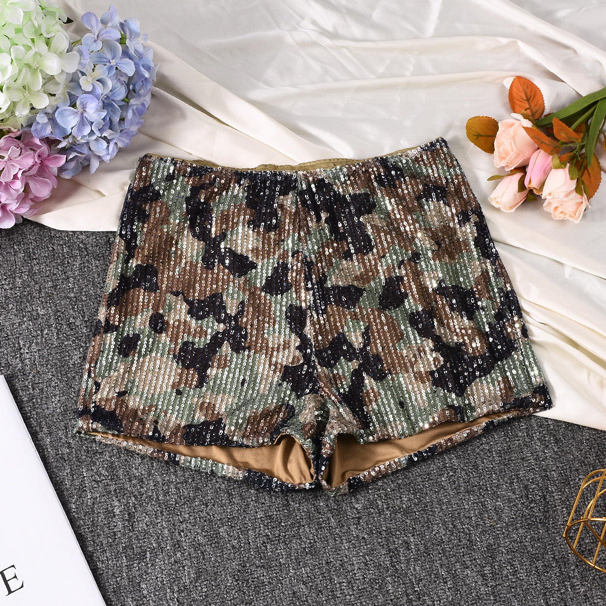 Camo Sequin Shorts
